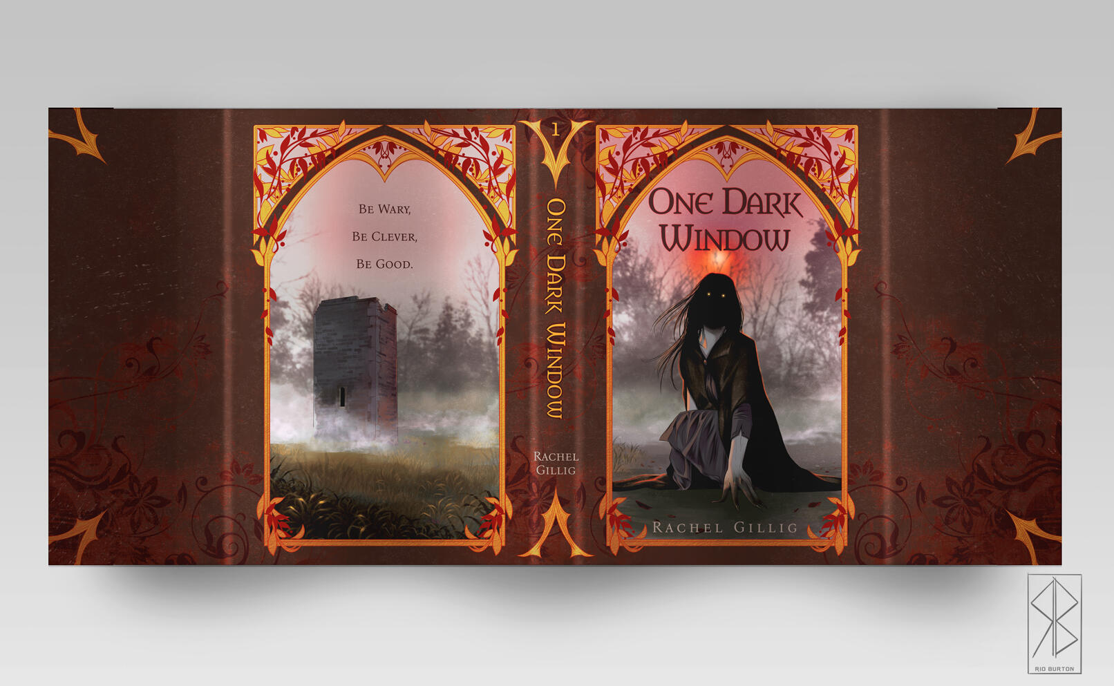 One Dark Window by Rachel Gillig. Window design could be done in gold foil, leaves in red.